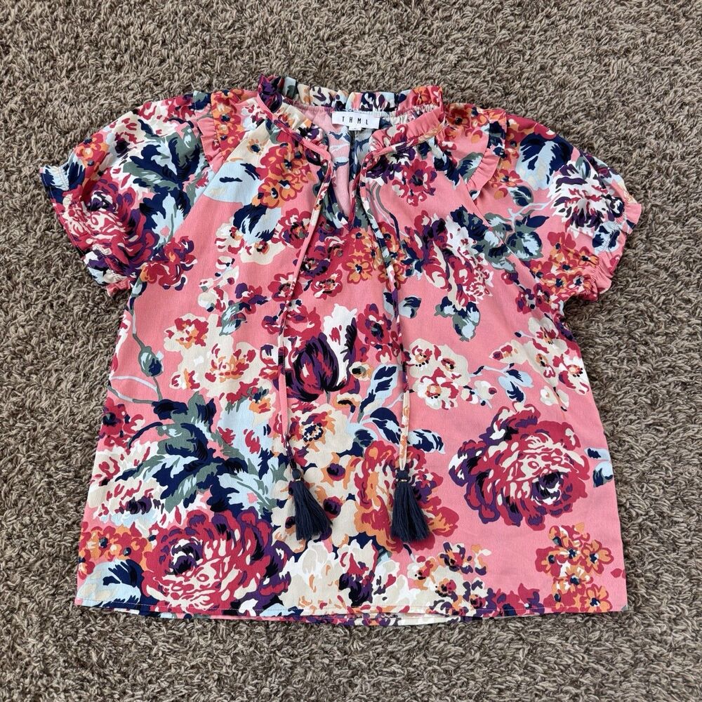 THML Anthropologie Floral Pink Ruffled Short Sleeve Blouse Womens Small Ties